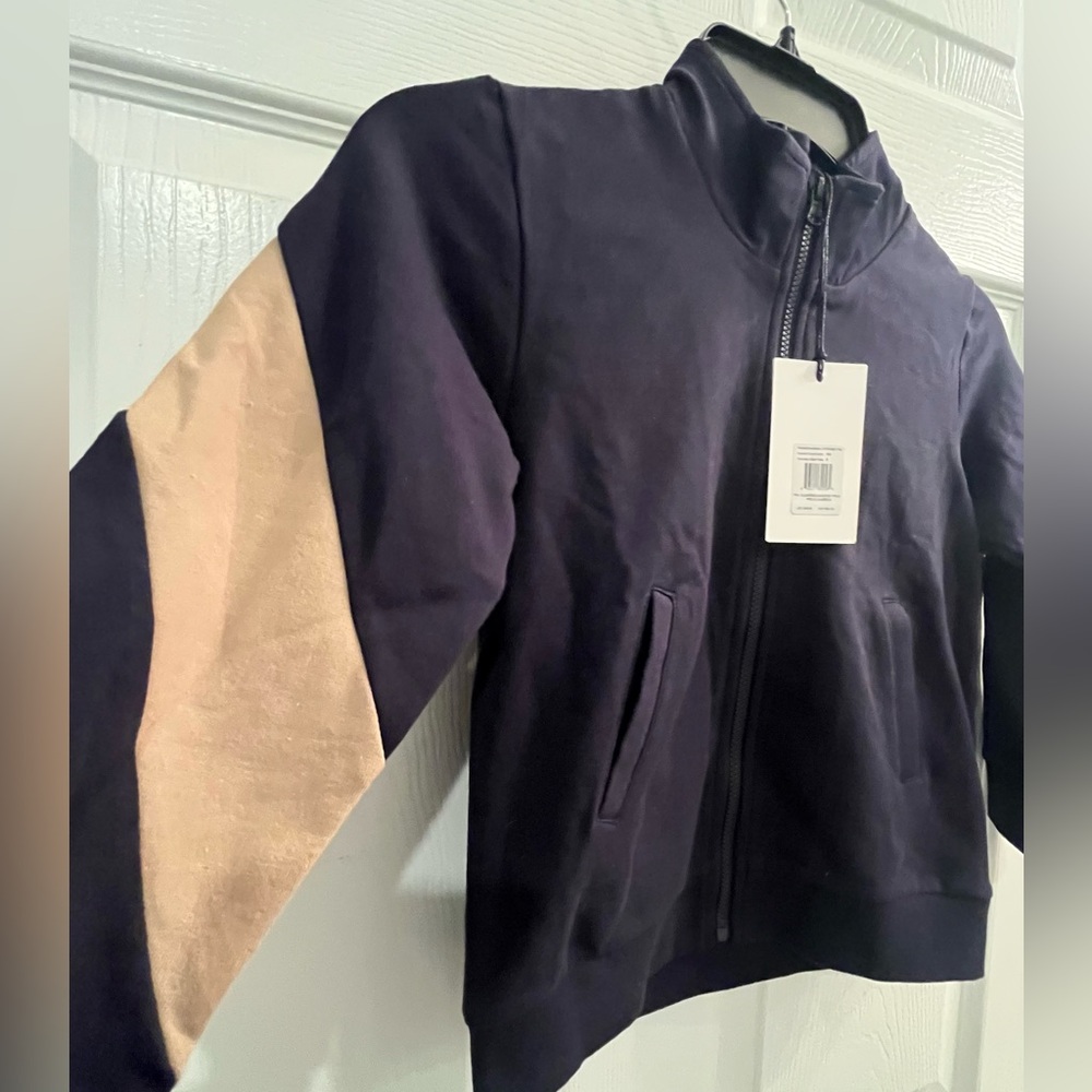 NWT Miles the Label Boys Navy Tan Organic Cotton Zippered Pullover Sweatshirt